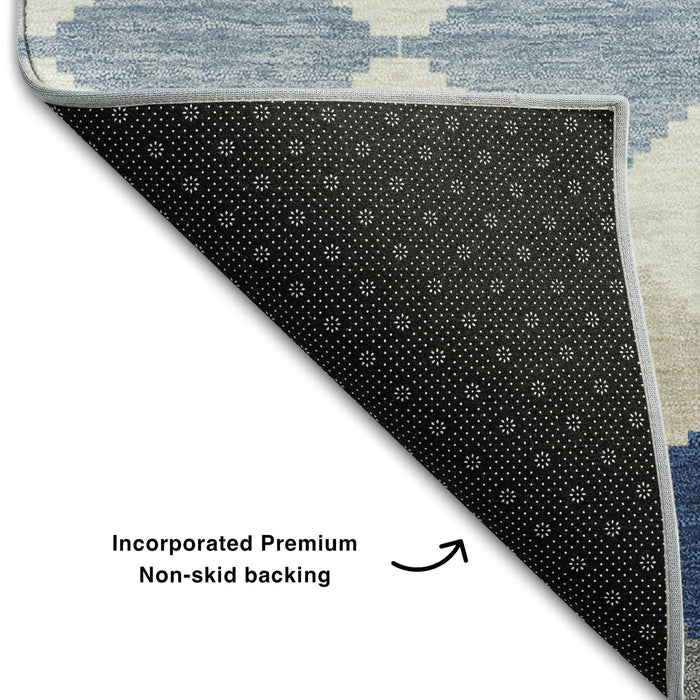 10' X 14' Geometric Washable Area Rug With UV Protection (679078) - Navy Blue / Ivory / Gray