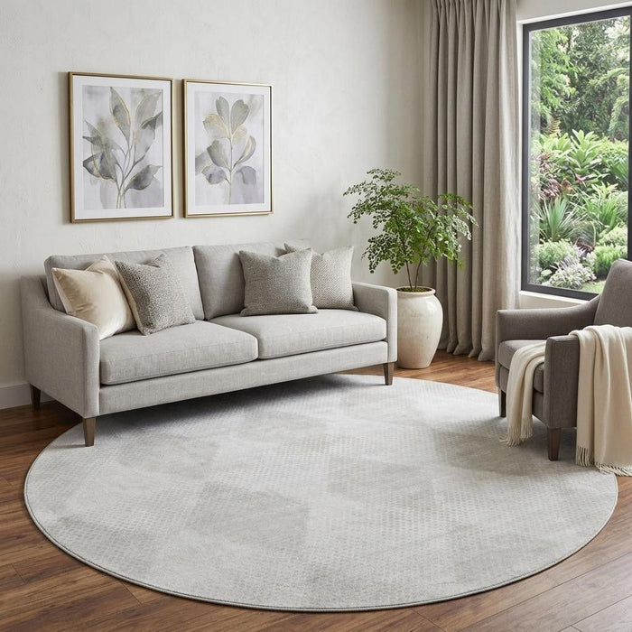8' Geometric Washable Round Rug With UV Protection (648193) - Ivory / Silver