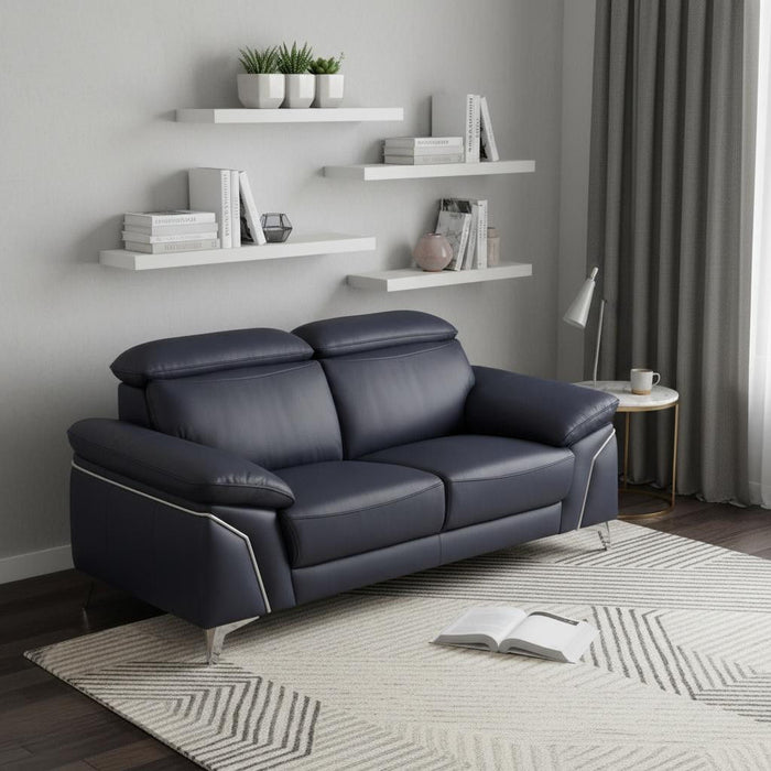 Genuine Leather Love Seat - Navy Blue / Silver