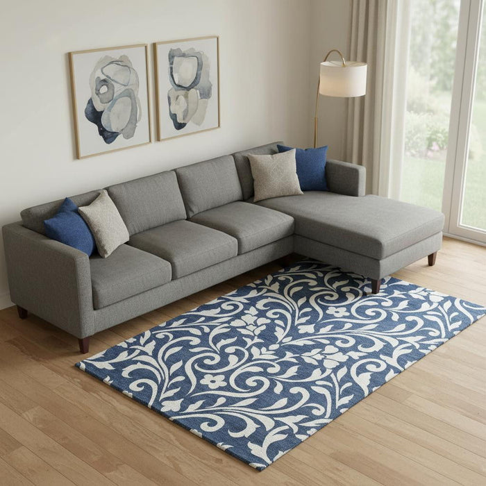 10' X 14' Floral Washable Area Rug With UV Protection (669630) - Navy Blue / Ivory
