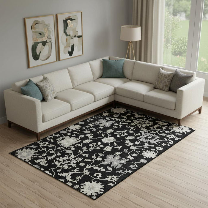 10' X 14' Floral Washable Area Rug With UV Protection (705905) - Black / Ivory