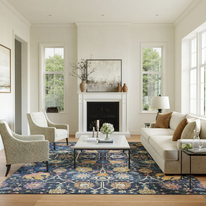9' X 12' Floral Area Rug - Blue And Gold
