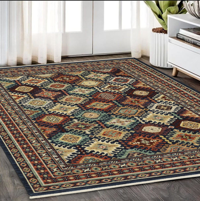 5' X 8' Oriental Area Rug With Fringe - Navy Blue And Orange