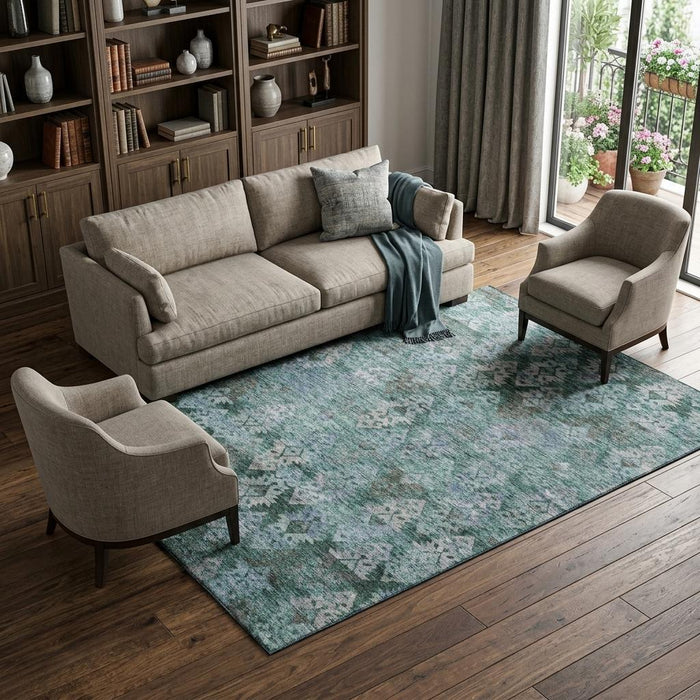 10' X 14' Washable Area Rug With UV Protection (695624) - Emerald / Teal / Gray