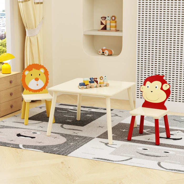 Kids wooden table and two chairs set featuring lion and monkey designs, suitable for toddlers, natural finish by Giga.