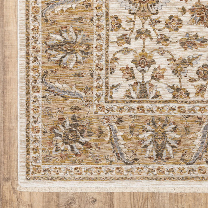 9.8' x 12.9' Oriental Power Loom Stain Resistant Area Rug With Fringe - Ivory And Gold