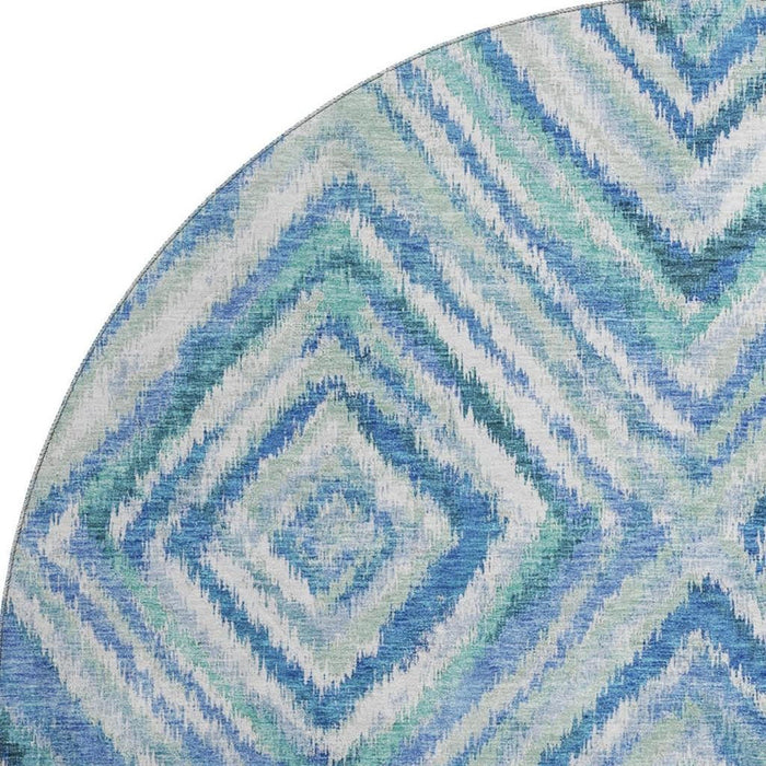 8' Geometric Washable Round Rug With UV Protection - Blue / Ivory