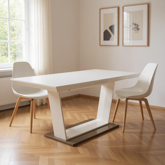 71" Wood And Metal Self-Storing Leaf Pedestal Base Extendable Dining Table - White