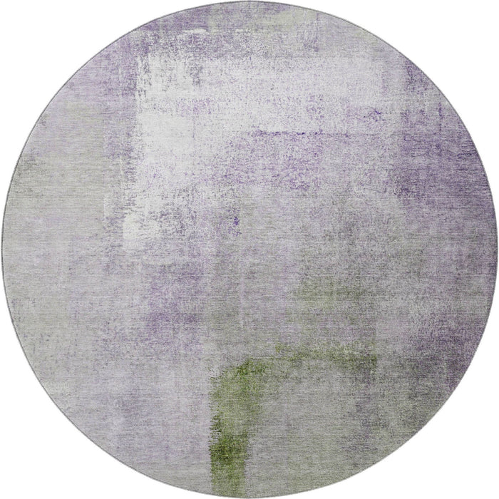 8' Abstract Washable Round Rug With UV Protection - Purple And Green