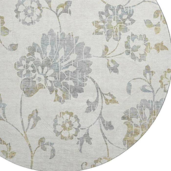 8' Floral Washable Round Rug With UV Protection (667918) - Ivory / Gray / Gold