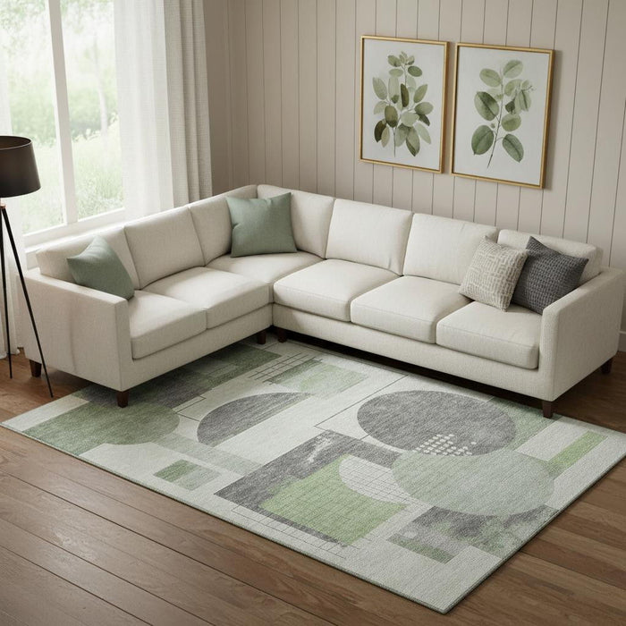 10' X 14' Geometric Washable Area Rug With UV Protection (697452) - Green / Gray / Ivory