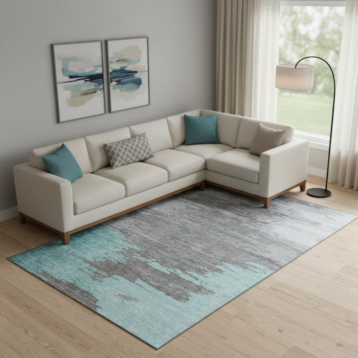 10' X 14' Abstract Washable Area Rug With UV Protection (710861) - Teal / Charcoal / Gray