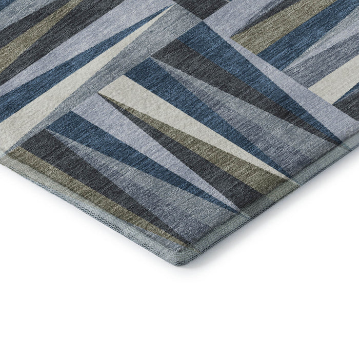 10' X 14' Geometric Washable Area Rug With UV Protection (679414) - Denim Blue / Ivory / Taupe