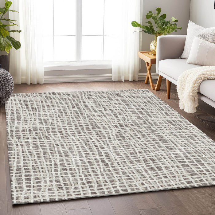 10' X 14' Striped Washable Area Rug With UV Protection - Taupe / Beige