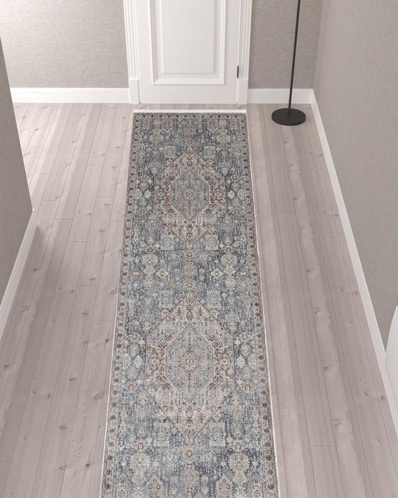 12' Floral Power Loom Runner Rug - Blue And Ivory