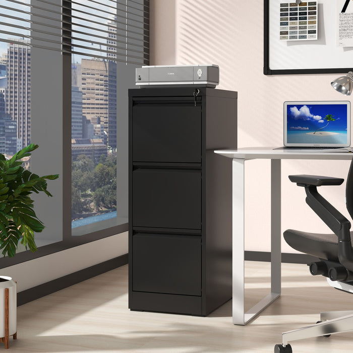 Giga steel vertical file cabinet with lock, suitable for A4, legal, and letter-sized documents, featuring multiple drawers.