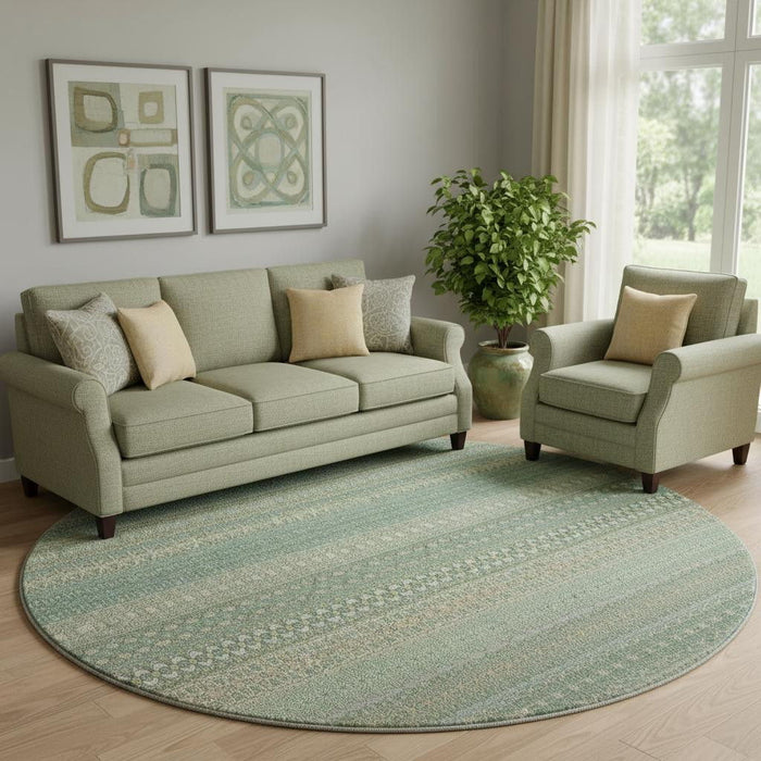 8' Striped Washable Round Rug With UV Protection (647485) - Fern Green / Ivory