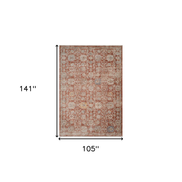 9' X 12' Floral Medallion Area Rug With Fringe - Brick Red And Gray