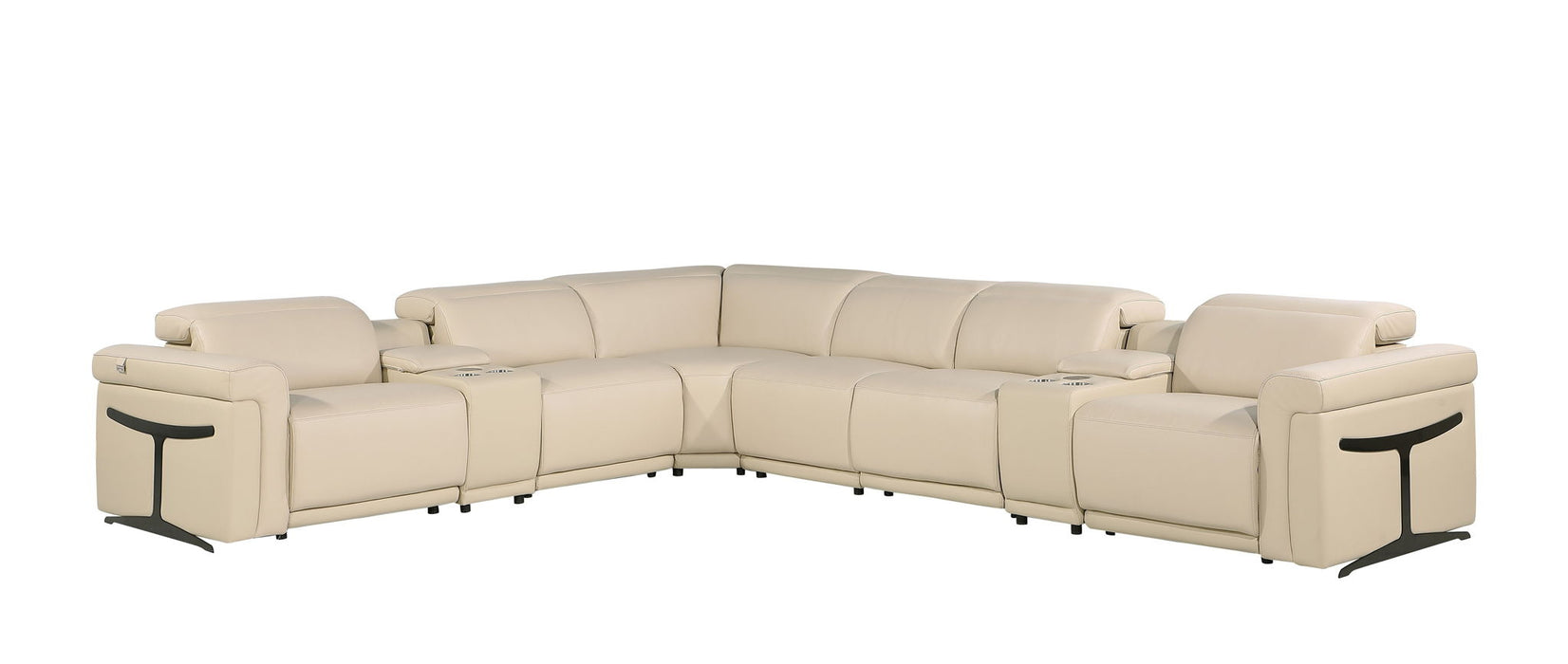 Italian Leather Modular L Shaped Eight Piece Corner Sectional With Console - Beige