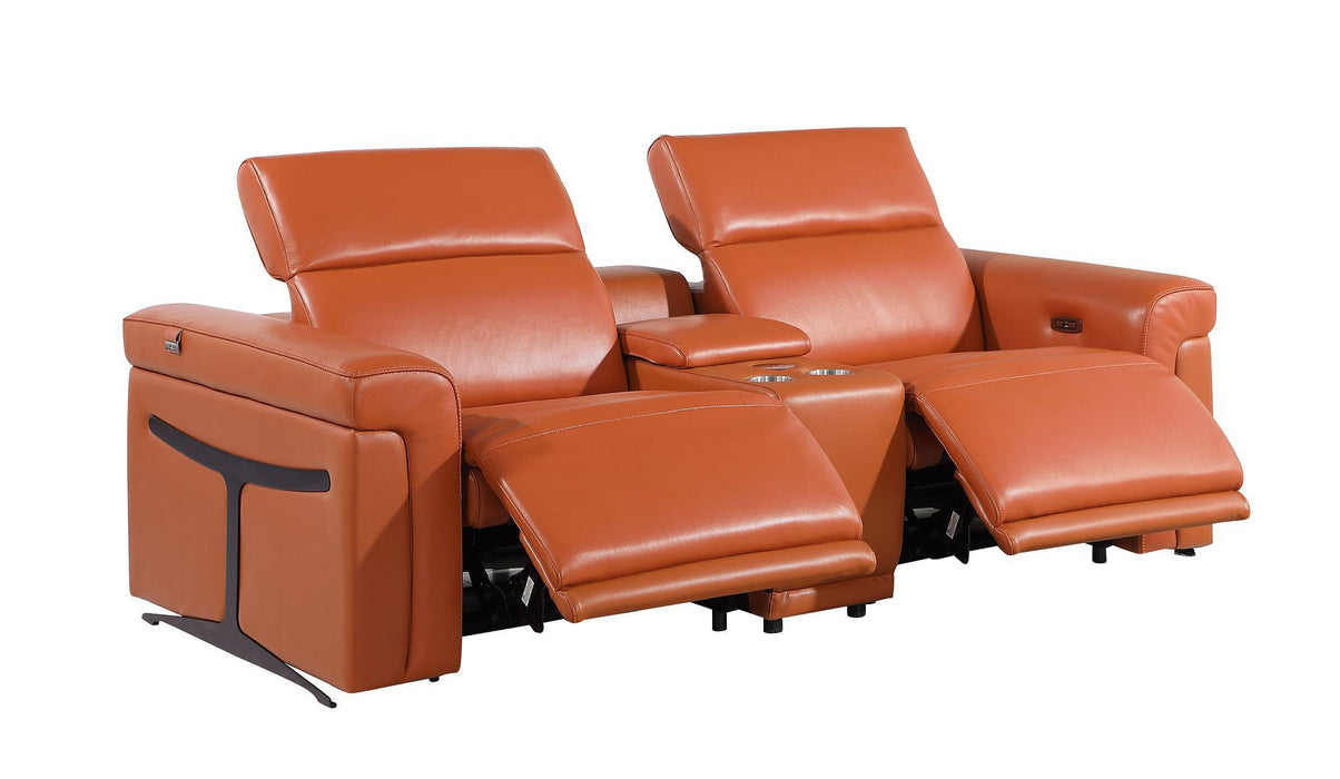 Italian Leather Power Reclining Loveseat With Storage (720527) - Orange / Black