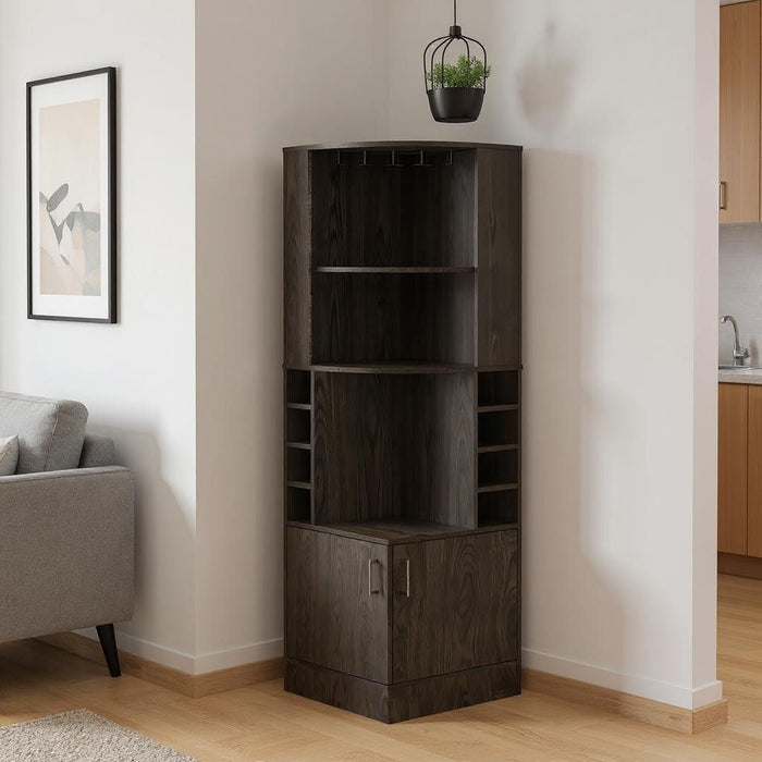 71" Wood Corner Bar Cabinet With Two Doors - Dark Brown
