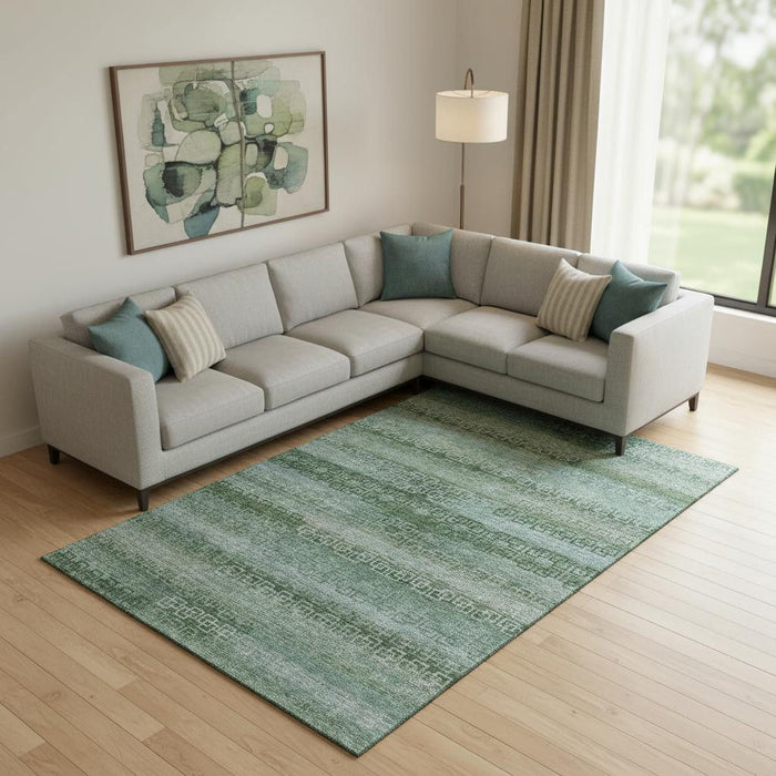 10' X 14' Striped Washable Area Rug With UV Protection (715063) - Sage / Blue