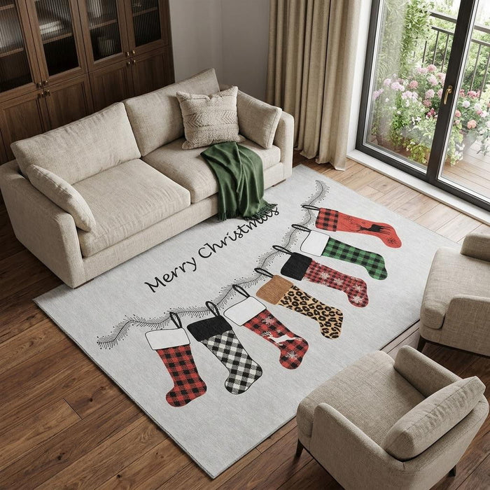 10' X 14' Christmas Stockings Washable Area Rug With UV Protection (646433) - Gray / Red / Green