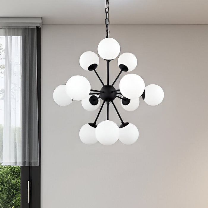 Sputnik Multi Light Frosted Metal And Glass Dimmable Chandelier With White Shades - Black