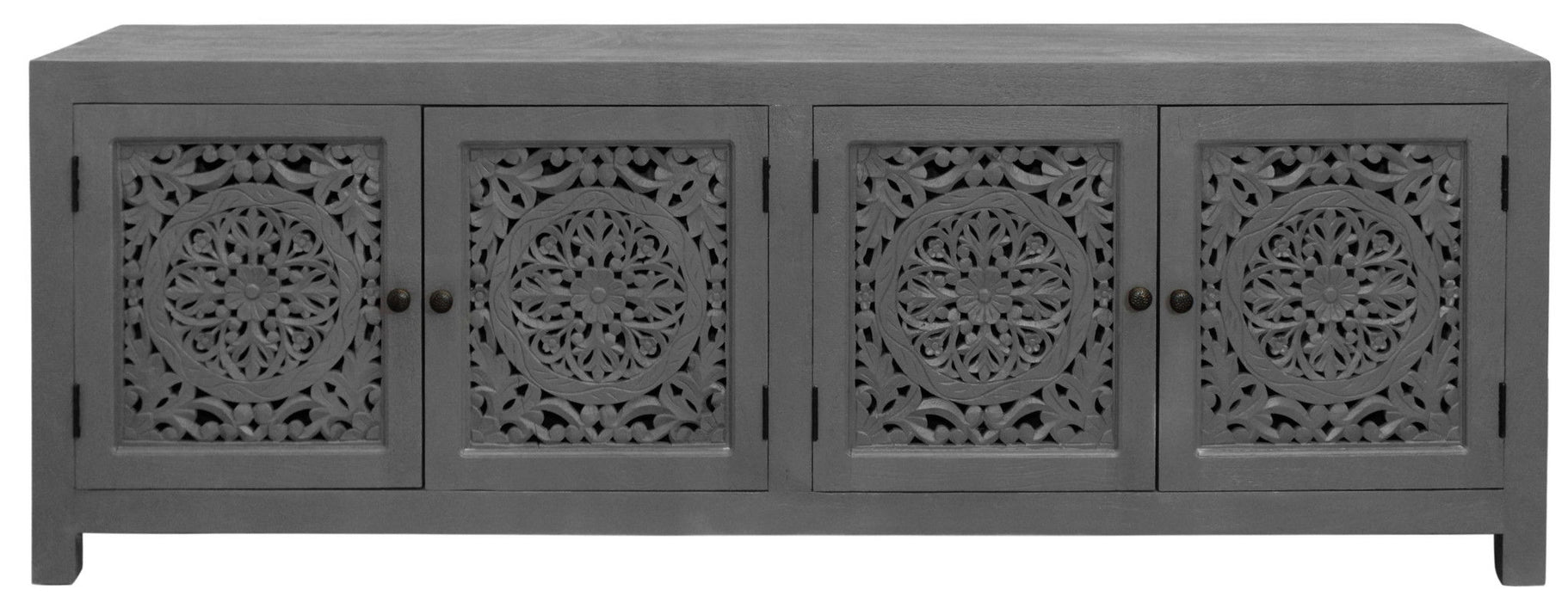 Dark gray 86-inch carved floral distressed solid wood TV stand with enclosed storage by HomeRoots, featuring decorative details.