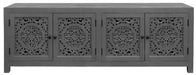 Dark gray 86-inch carved floral distressed solid wood TV stand with enclosed storage by HomeRoots, featuring decorative details.