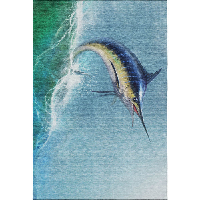 8' X 10' Nautical Washable Area Rug With UV Protection (645365) - Caribbean Blue / Emerald / Beige