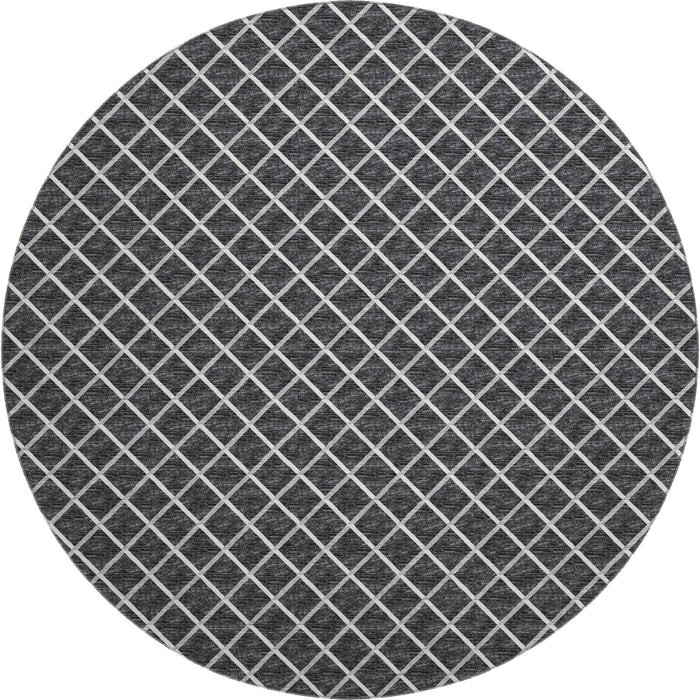 8' Geometric Washable Round Rug With UV Protection - Black / Ivory