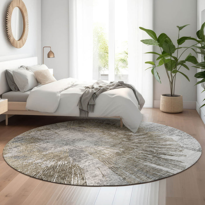 8' Abstract Washable Round Rug Polyester With UV Protection - Taupe / Gray