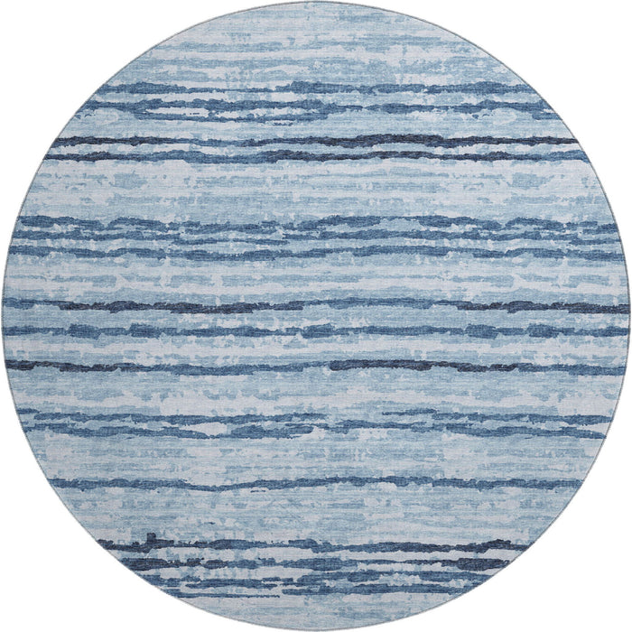 8' Striped Washable Round Rug With UV Protection - Blue / Ivory