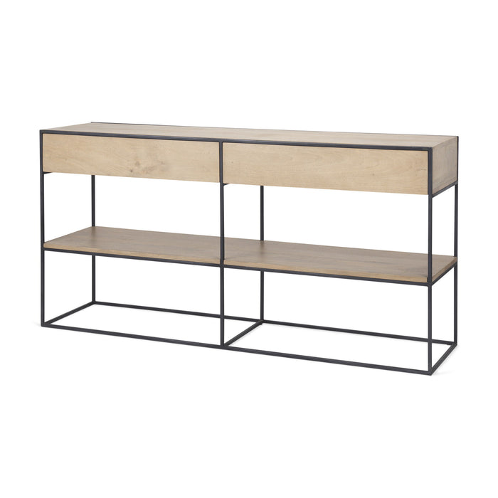 63" Solid Wood And Metal Frame Console Table With Shelf And With Two Drawers - Brown