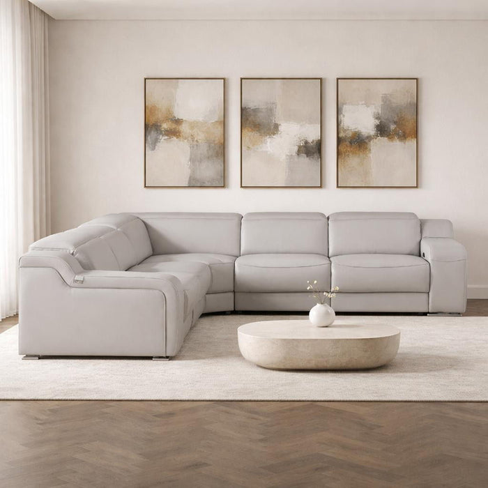 Italian Leather Power Reclining Curved Five Piece Corner Sectional With Console - Light Gray