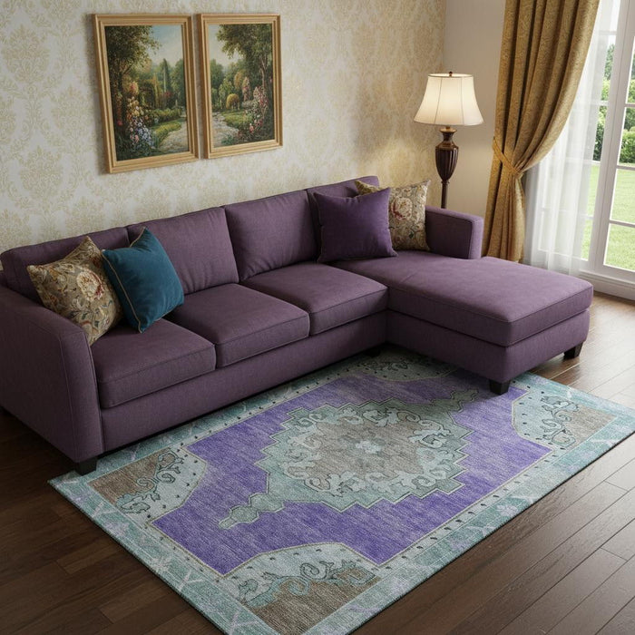 10' X 14' Oriental Washable Area Rug With UV Protection (699490) - Purple / Teal / Taupe