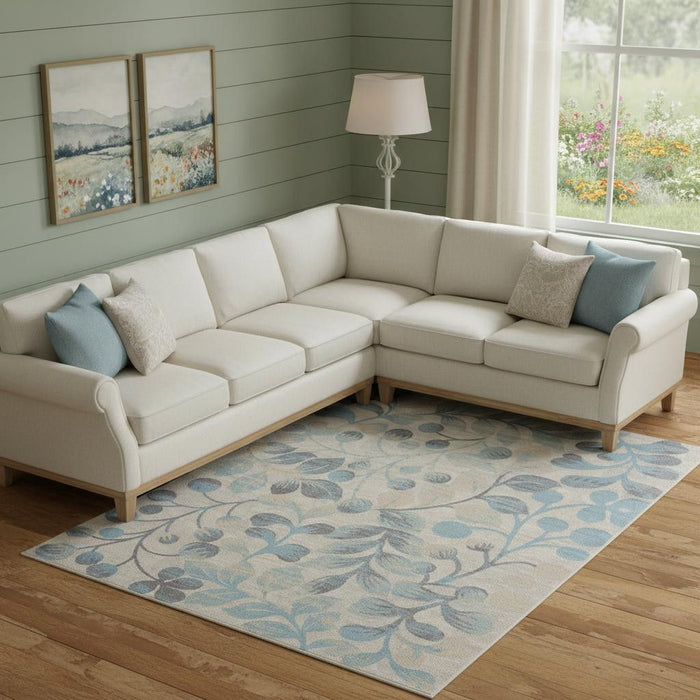 9' X 12' Botanical Leaves Area Rug (551495) - Ivory / Turquoise