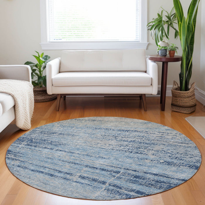 8' Abstract Washable Round Rug With UV Protection - Sky Blue And Gray