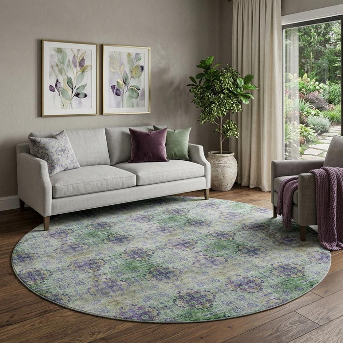 8' Floral Medallion Distressed Washable Round Rug With UV Protection (648943) - Purple / Green / Ivory