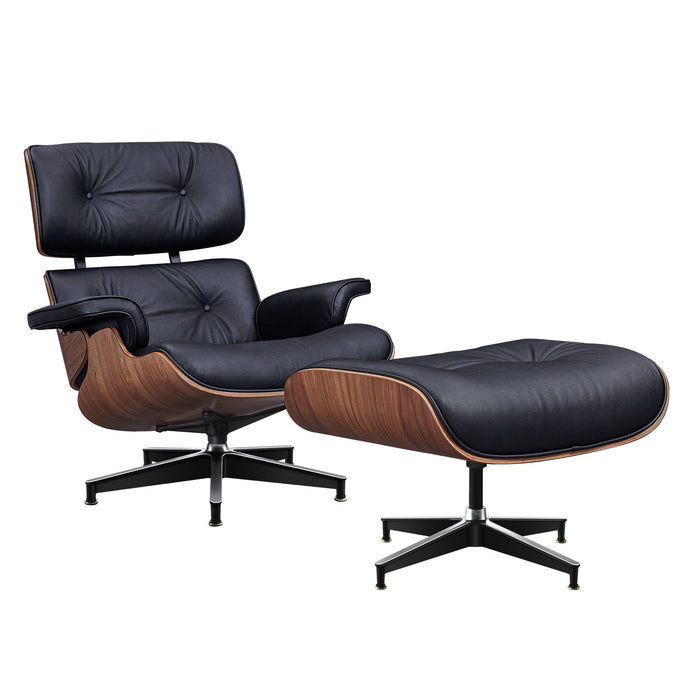 28" Tufted Genuine Leather Lounge Chair With Ottoman - Black / Light