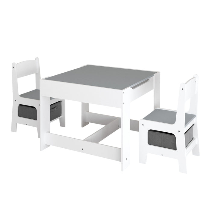 Giga kids 3-in-1 activity table and chairs set with storage drawer, white, featuring a detachable top for drawing, reading, and crafts.