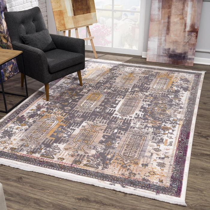 7.8' x 10.8' Oriental Power Loom Area Rug - Gray And Ivory