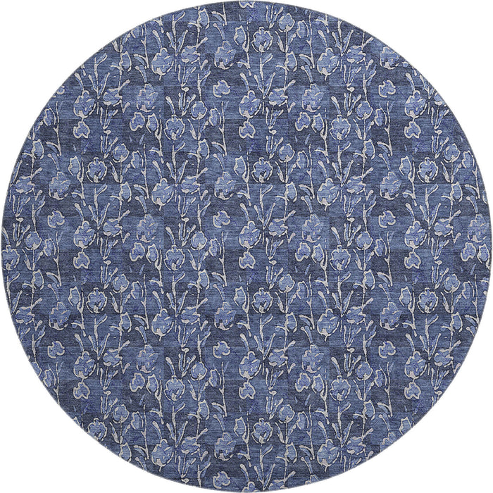 8' Floral Washable Round Rug With UV Protection (656451) - Navy Blue / Ivory
