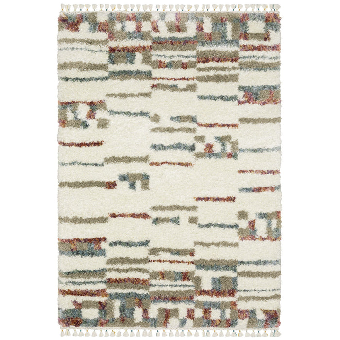 10' X 13' Abstract Shag Distressed Area Rug With Fringe - Tan