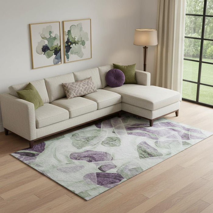 10' X 14' Abstract Washable Area Rug With UV Protection (706163) - Artichoke Green / Lavender / Ivory
