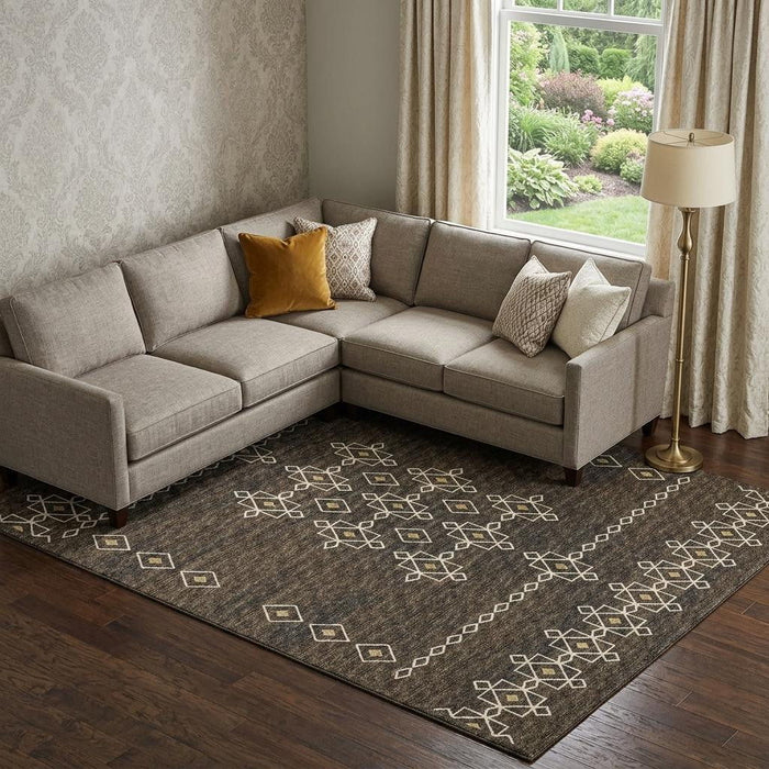 10' X 14' Tribal Washable Area Rug With UV Protection (644820) - Brown / Ivory / Gold