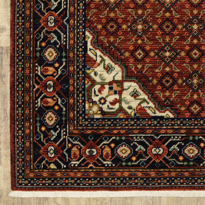 8' x 11' Oriental Power Loom Stain Resistant Area Rug With Fringe - Red Blue Ivory And Orange