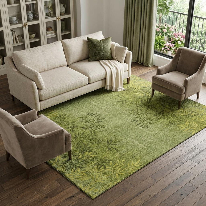 9' X 12' Floral Washable Area Rug With UV Protection (655661) - Olive Green / Gold