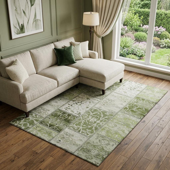 10' X 14' Patchwork Distressed Washable Area Rug With UV Protection (649576) - Green / Ivory